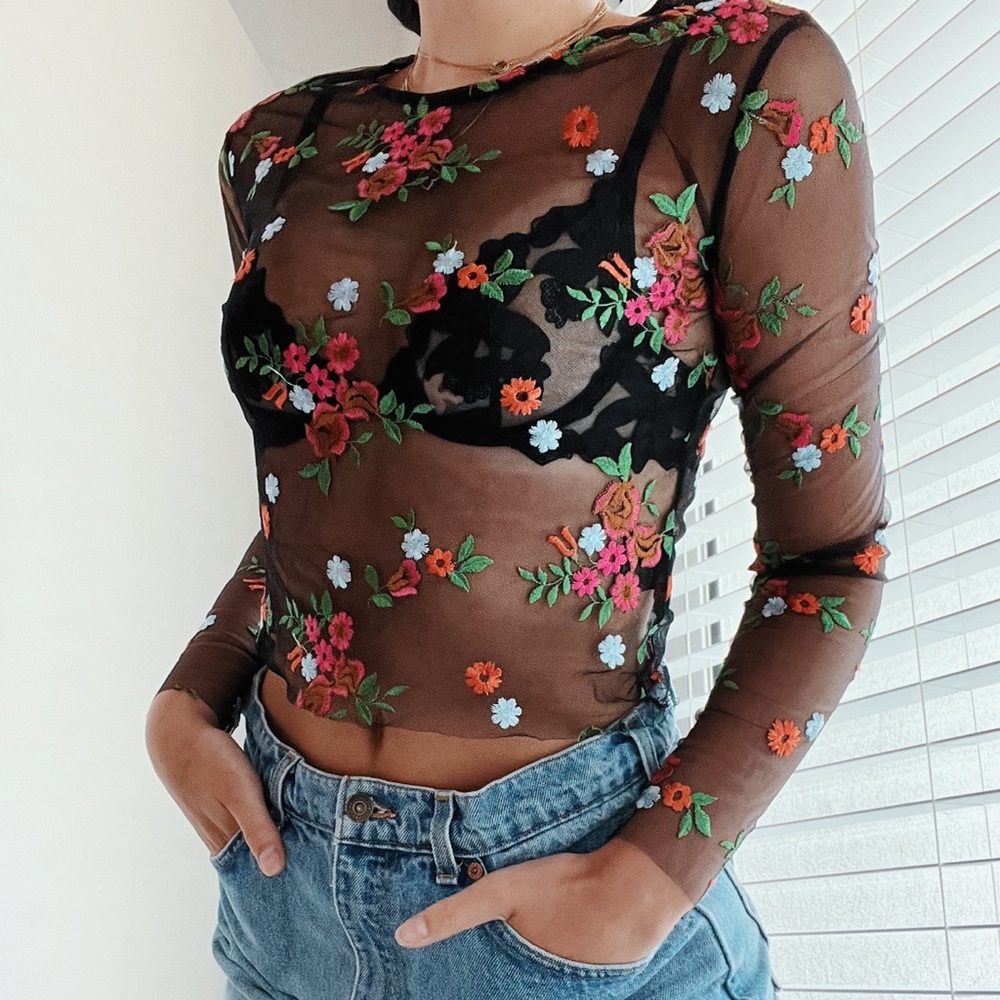 Mesh Long Sleeve Top with Floral Design.